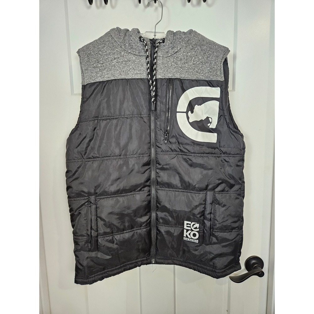 Ecko Unltd Mens Hooded Puffer Vest Black Grey Rhino Logo Full Zip Size Medium